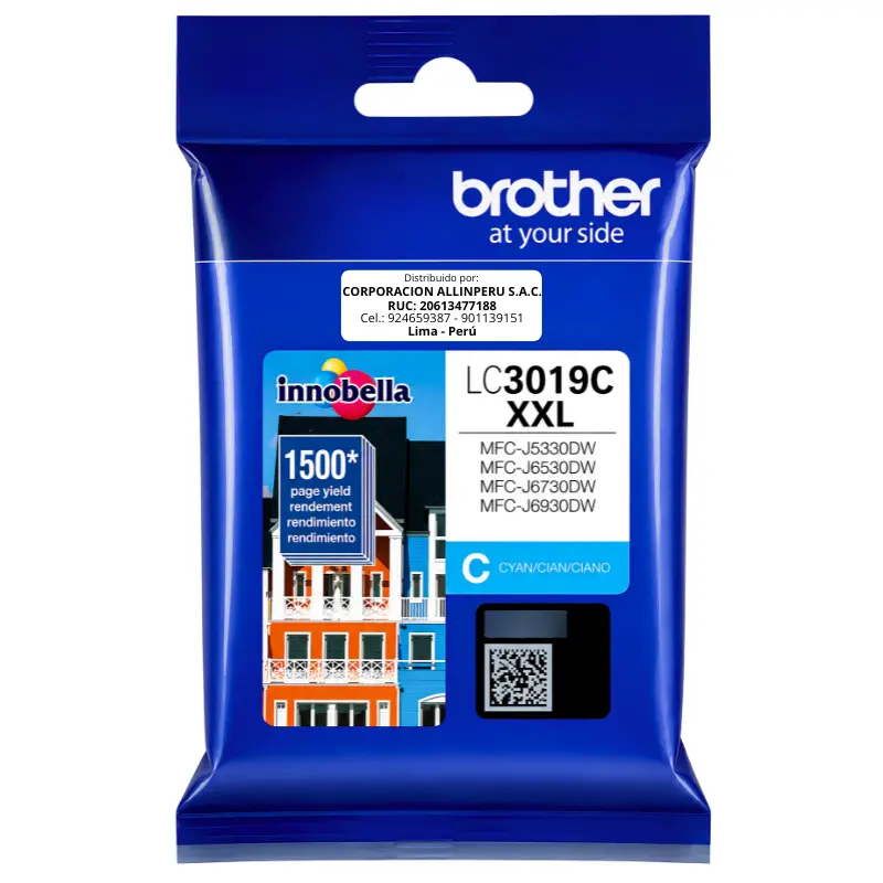 Tinta Brother LC3019C cian original vista frontal del cartucho