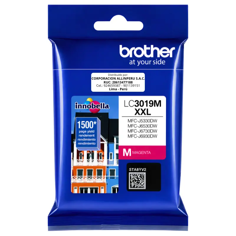 Tinta Brother LC3019M magenta original vista frontal del cartucho