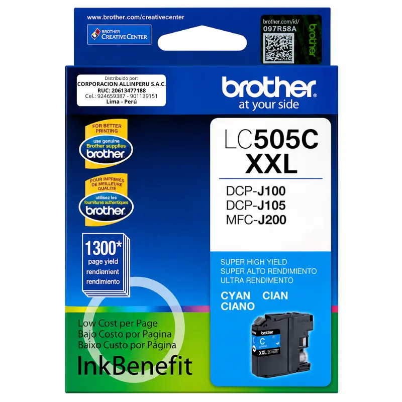 Tinta Brother LC505C Cyan - vista frontal Tinta Brother LC505C Cyan cartucho original frontal