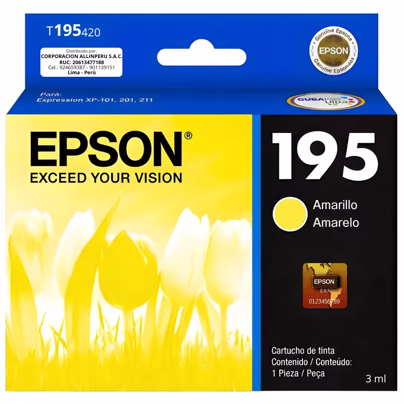 Cartucho de tinta Epson 195 amarillo original T195420-AL sobre fondo blanco