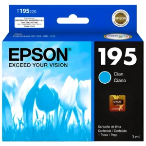 Cartucho de tinta Epson 195 cian original T195220-AL sobre fondo blanco