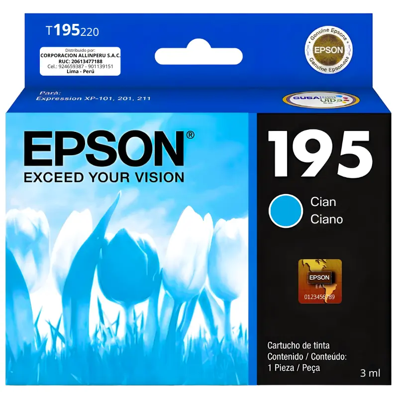 Cartucho de tinta Epson 195 cian original T195220-AL sobre fondo blanco