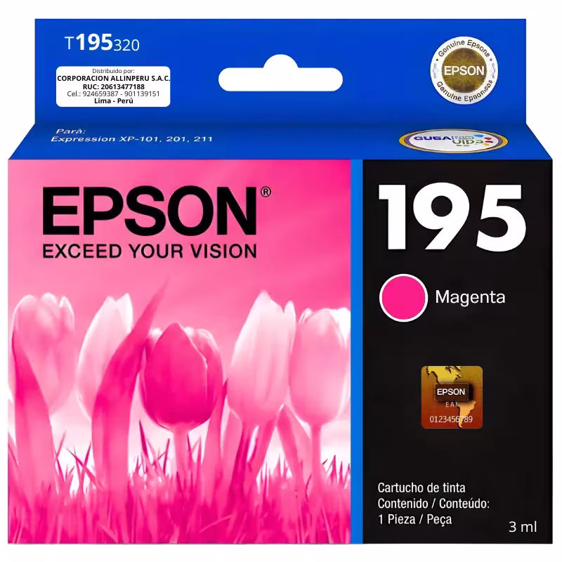 Cartucho de tinta Epson 195 magenta original T195320-AL sobre fondo blanco