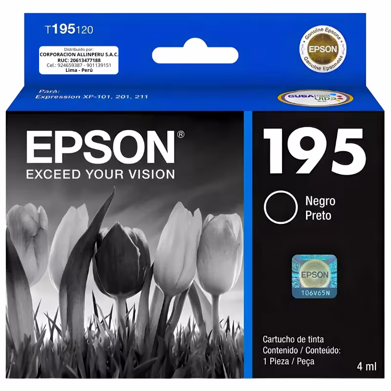 Cartucho de tinta Epson 195 negro original T195120-AL sobre fondo blanco