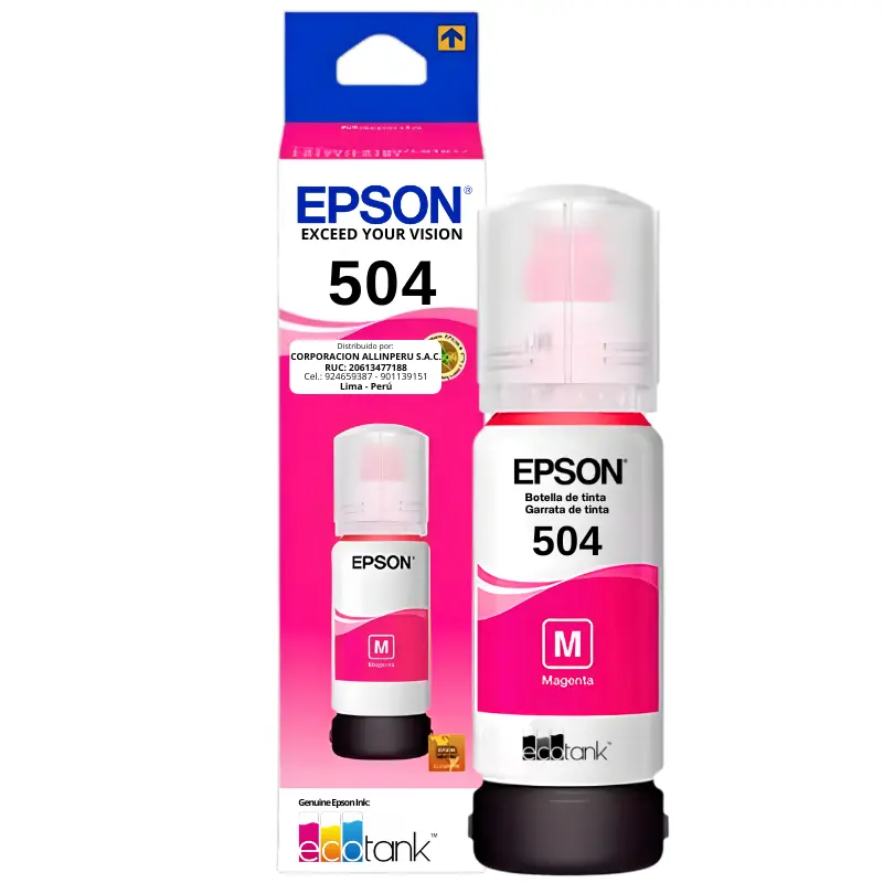 Tinta Epson 504 Magenta Original T504320-AL — AllinPerú Foto de tinta Epson 504 magenta T504320-AL frasco original sellado 65 ml