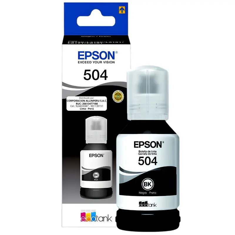 Tinta Epson 504 Negro Original T504120-AL — Vista frontal Foto de tinta Epson 504 negro T504120-AL botella 65 ml sobre fondo blanco