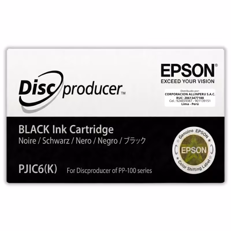Tinta Epson C13S020452 PJIC6 negra original sellada para Discproducer PP-100
