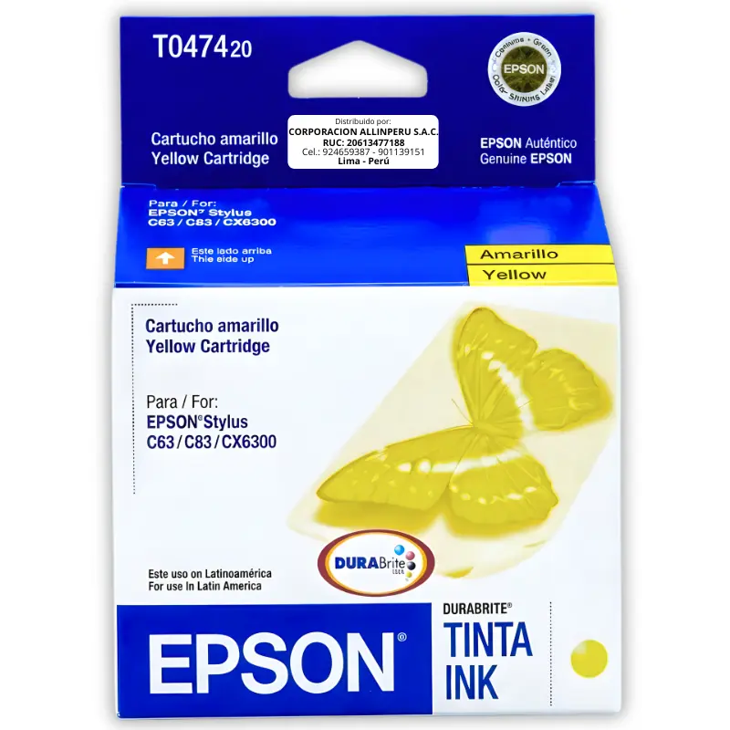 Cartucho tinta Epson T047420 Amarillo T0474 vista frontal sellado de fábrica