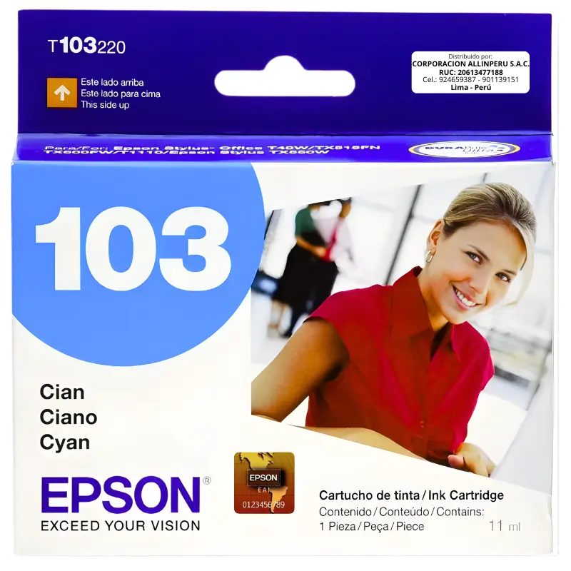Tinta Epson T103220 cian original sellada vista frontal