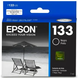 Cartucho Epson 133 negro original T133120 sellado sobre fondo blanco
