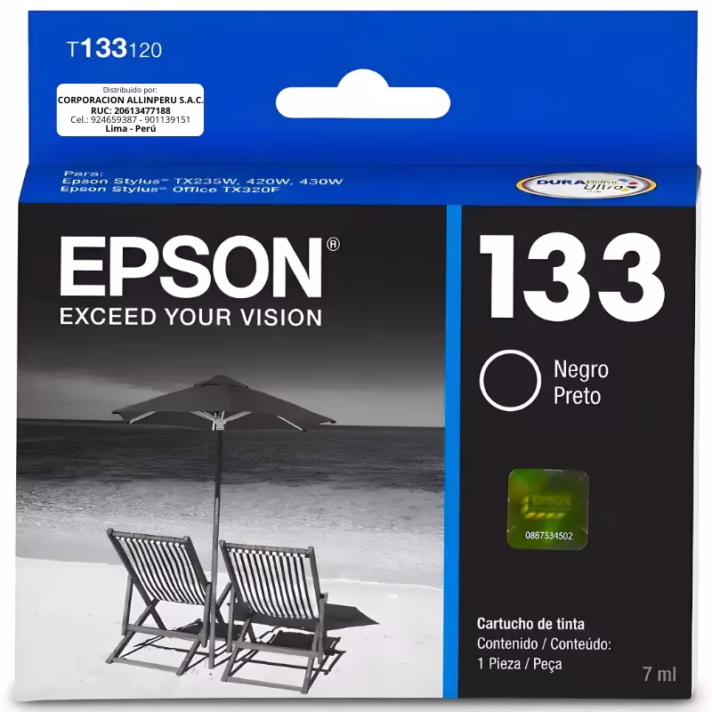 Cartucho Epson 133 negro original T133120 sellado sobre fondo blanco