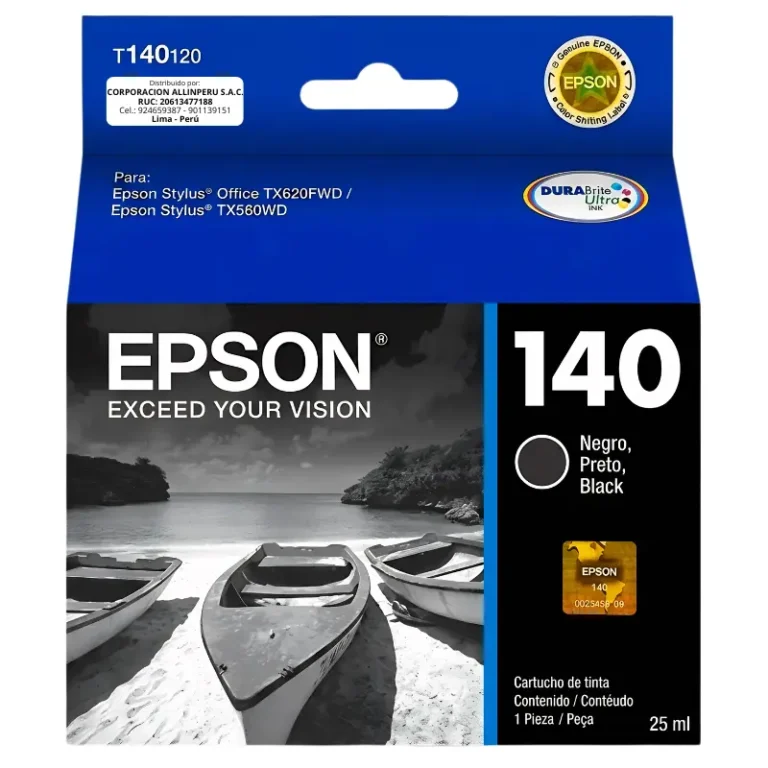 Tinta Epson T140120 negro original sellada de fábrica sobre fondo blanco