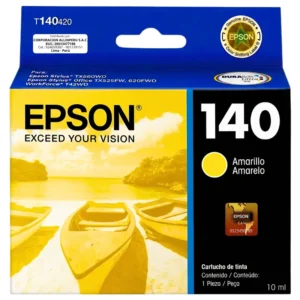 Tinta Epson T140420 amarillo original sellada de fábrica sobre fondo blanco