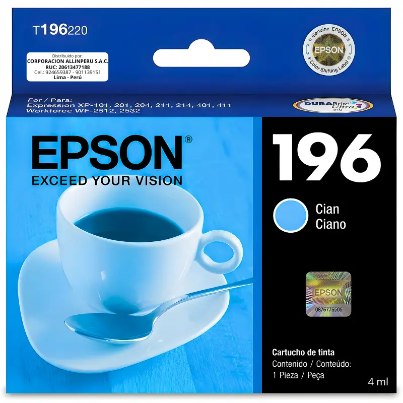 Tinta Epson T196220 cian original sellada de fábrica vista frontal