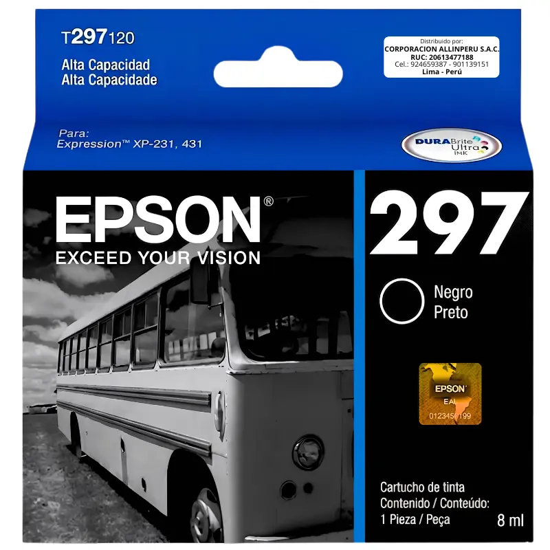 Tinta Epson T297120 negro original sellada de fábrica sobre fondo blanco