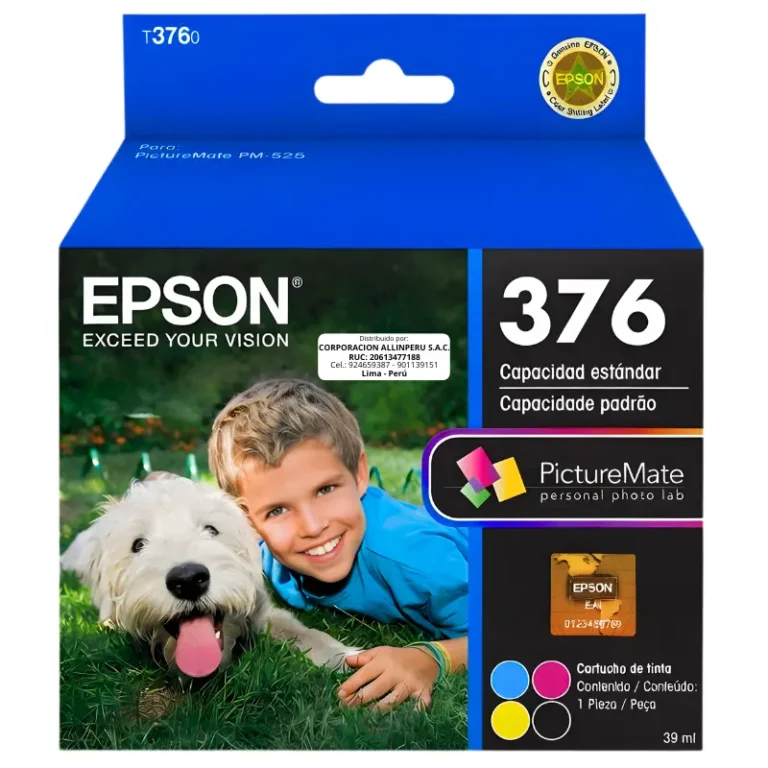 Foto de tinta Epson T376020 original sellada, pack multicolor cian magenta amarillo negro, vista frontal