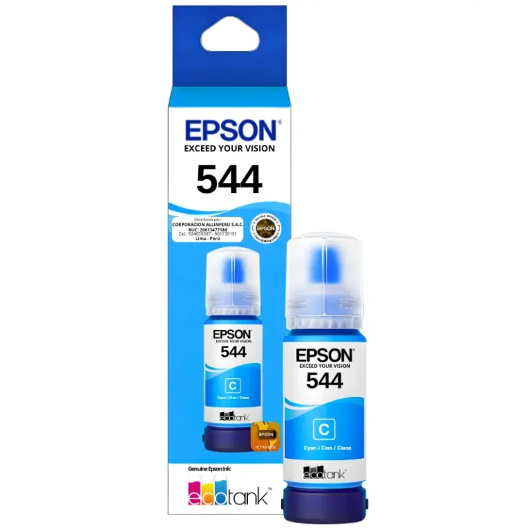 Foto de botella tinta Epson 544 cian vista frontal con etiqueta T544220-AL