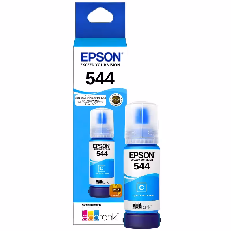 Foto de botella tinta Epson 544 cian vista frontal con etiqueta T544220-AL