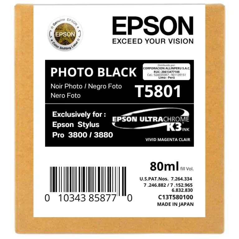 Cartucho de tinta Epson T580100 negro 80 ml original sellado