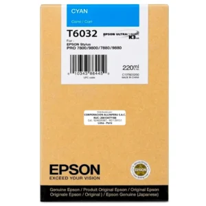 Foto de cartucho Epson T603200 Cyan 220ml frontal fondo blanco