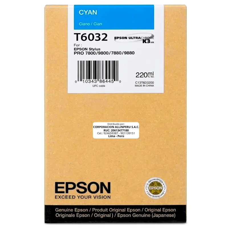 Foto de cartucho Epson T603200 Cyan 220ml frontal fondo blanco