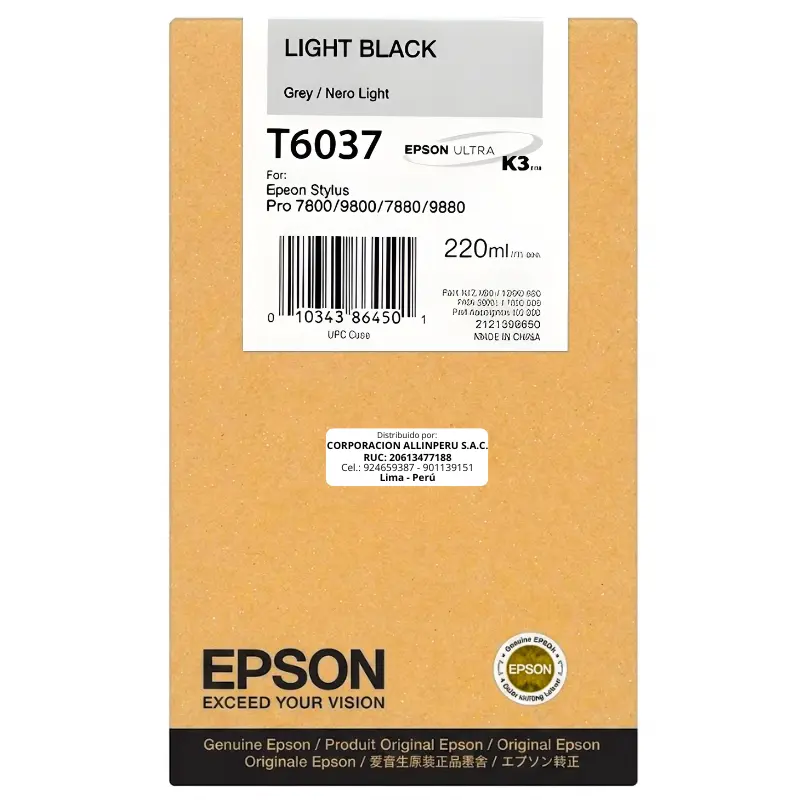 Foto de cartucho Epson T603700 Light Black 220ml frontal fondo blanco