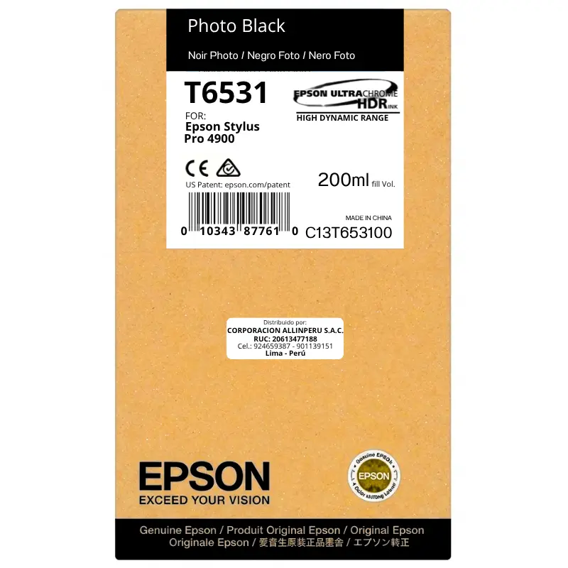 Foto de tinta Epson T6531 Photo Black 200 ml botella original sellada vista frontal