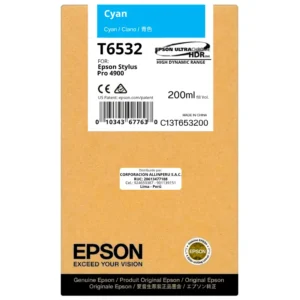 Foto de tinta Epson T653200 Cyan 200 ml botella original sellada vista frontal