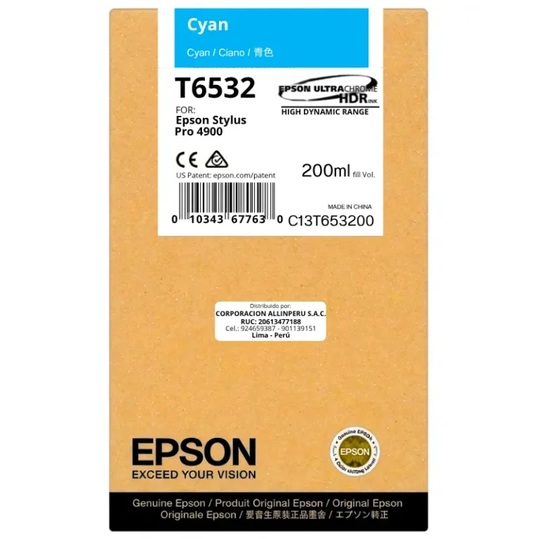 Foto de tinta Epson T653200 Cyan 200 ml botella original sellada vista frontal