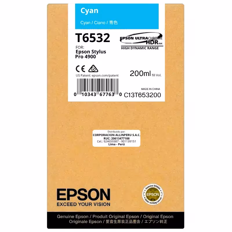 Foto de tinta Epson T653200 Cyan 200 ml botella original sellada vista frontal