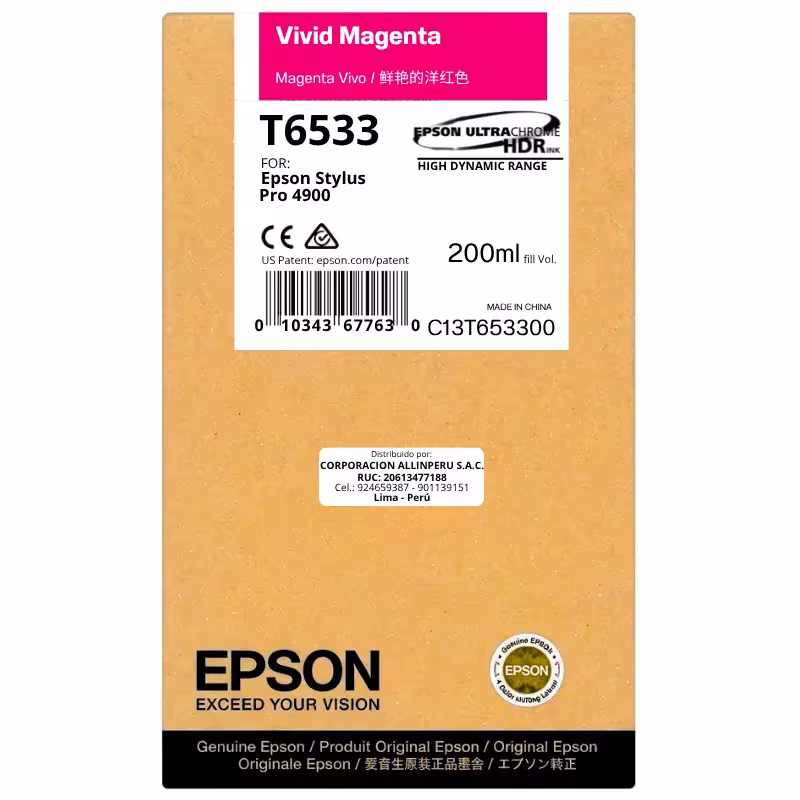 Foto de tinta Epson T653300 Vivid Magenta 200 ml botella original sellada vista frontal