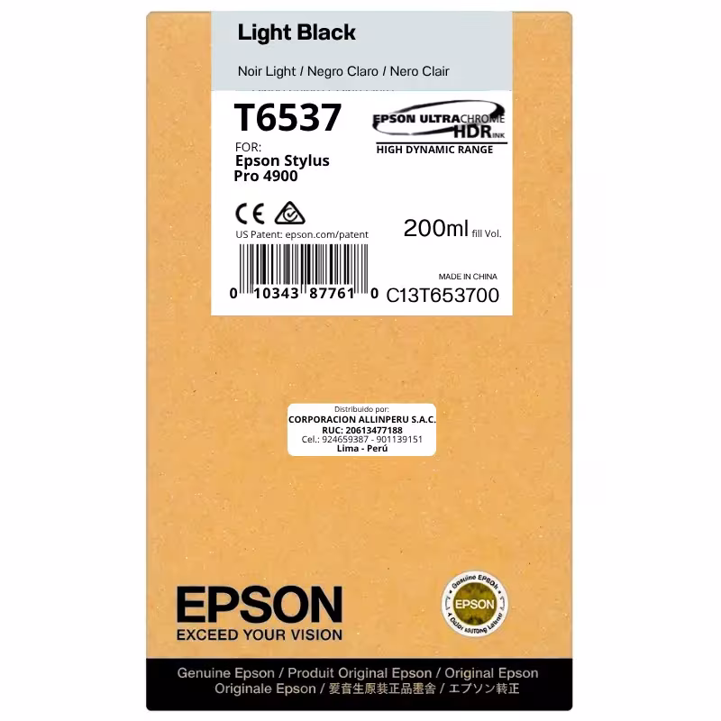 Foto de tinta Epson T653700 Light Black 200 ml botella original sellada vista frontal
