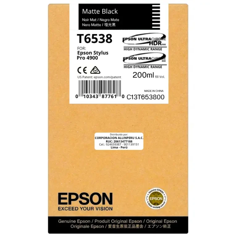 Foto de tinta Epson T653800 Matte Black 200 ml botella original sellada vista frontal