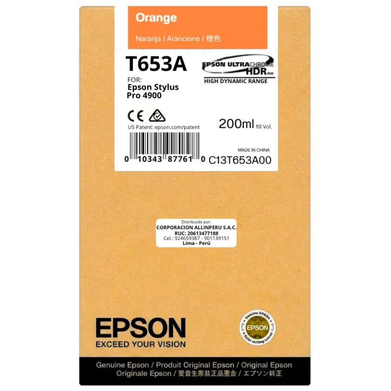 Foto de tinta Epson T653A00 Orange 200 ml botella original sellada vista frontal