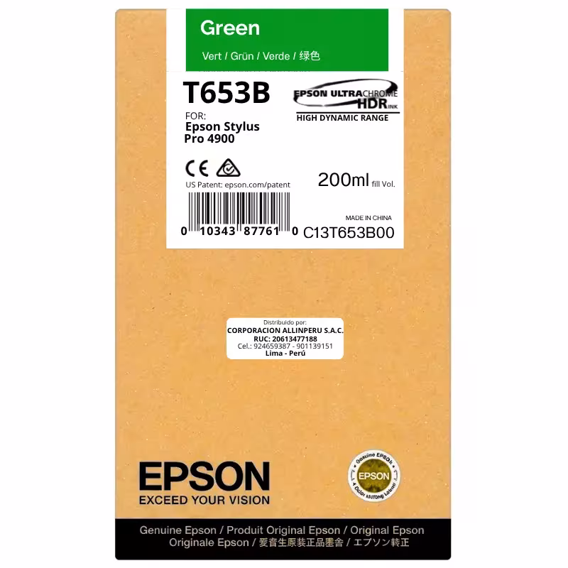 Foto de tinta Epson T653B00 Green 200 ml botella original sellada vista frontal