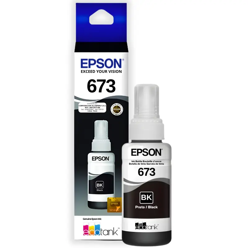 Tinta Epson T673120 Negro 70 ml — Original de Fábrica Botella de tinta Epson T673120 negro 70 ml original sellada