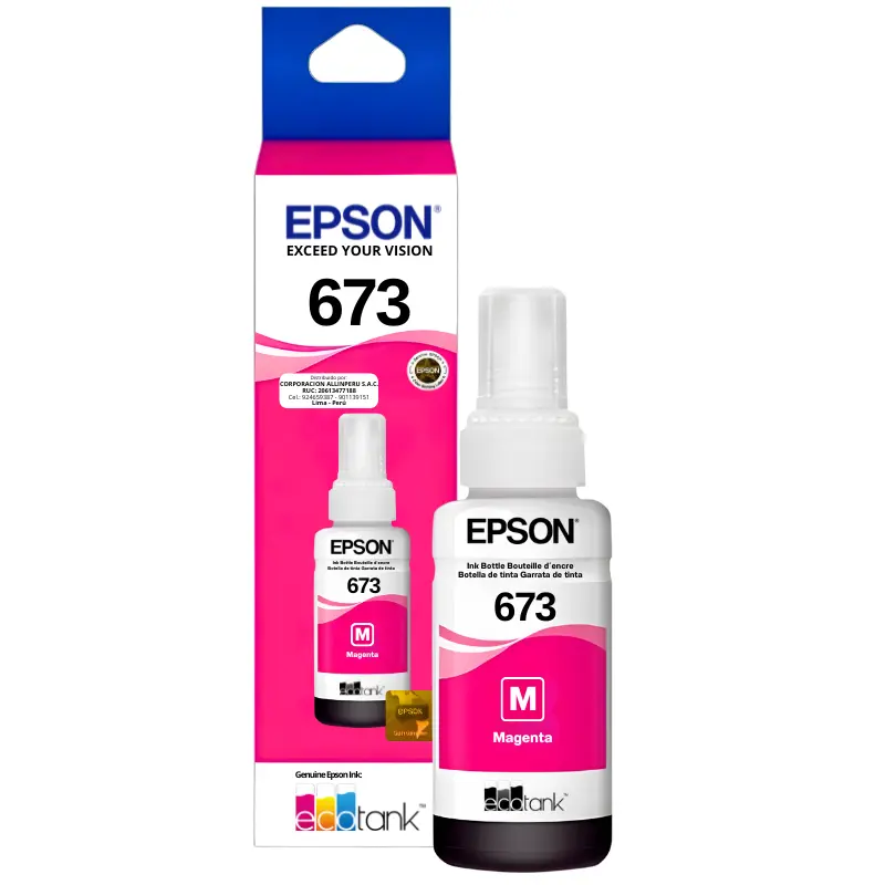 Tinta Epson T673320 Magenta 70 ml — Original Sellada Botella tinta Epson T673320 magenta 70 ml vista frontal producto sellado