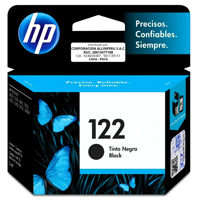 Tinta HP 122 Negro CH561HL - Vista frontal Tinta HP 122 Negro CH561HL original vista frontal del cartucho