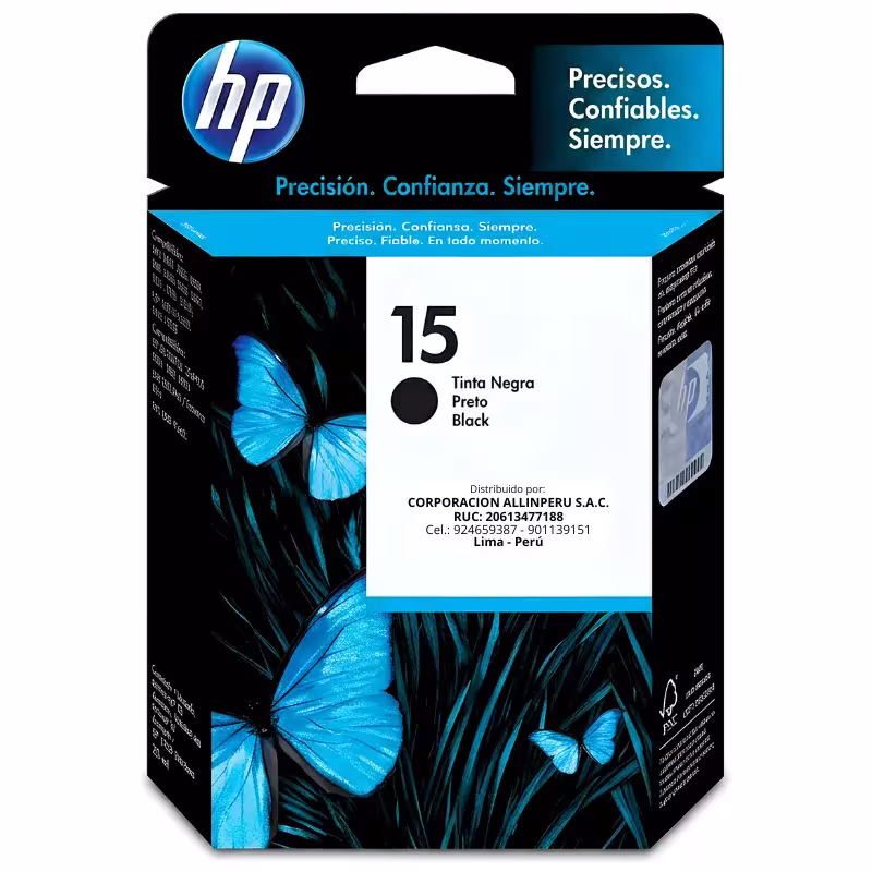 Tinta HP 15 negro C6615DL original de frente sobre fondo blanco
