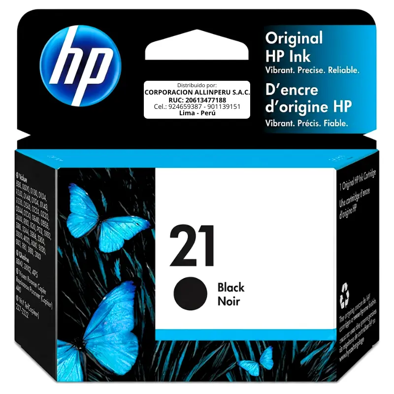 Tinta HP 21 Negro C9351AL — Vista frontal Tinta HP 21 negro C9351AL original de frente sobre fondo blanco