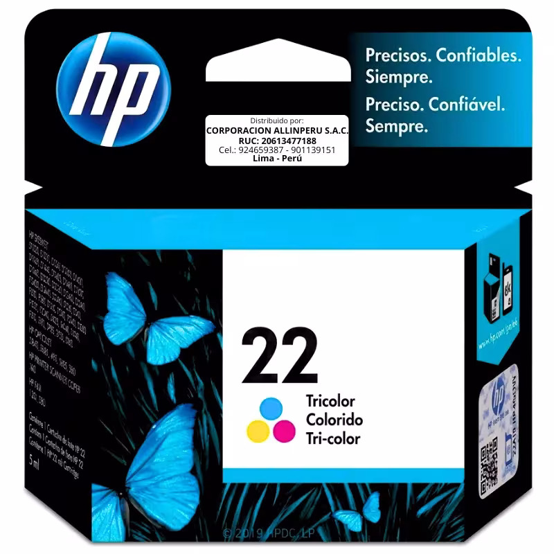 Tinta HP 22 Tricolor C9352AL — Vista frontal Tinta HP 22 tricolor C9352AL original de frente sobre fondo blanco