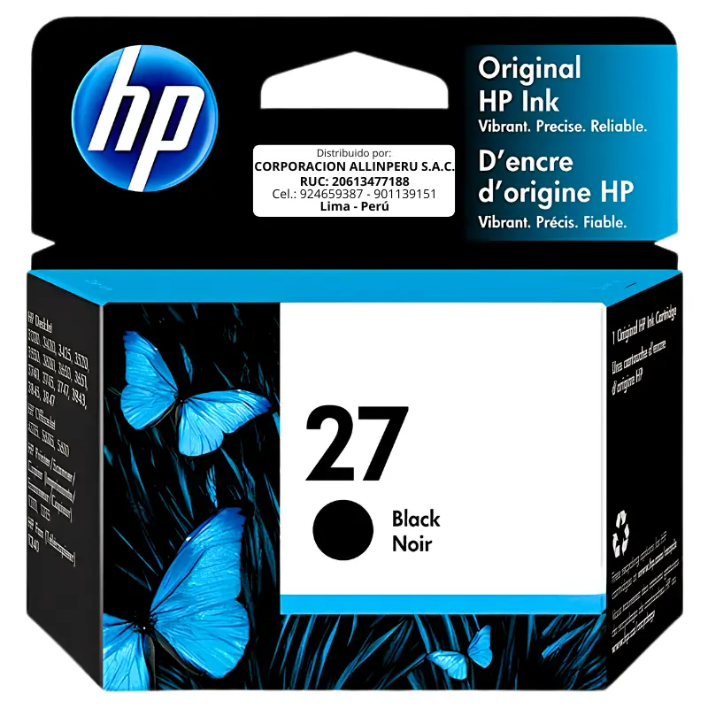 Tinta HP 27 Negro C8727AL — vista frontal Tinta HP 27 Negro C8727AL cartucho original frontal