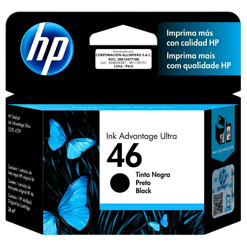 Tinta HP 46 negro CZ637AL vista frontal del empaque original