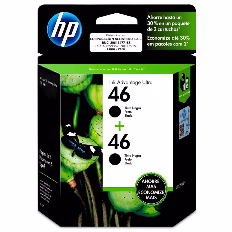 Foto de tinta HP 46 negro M0H61AL two pack empaque frontal