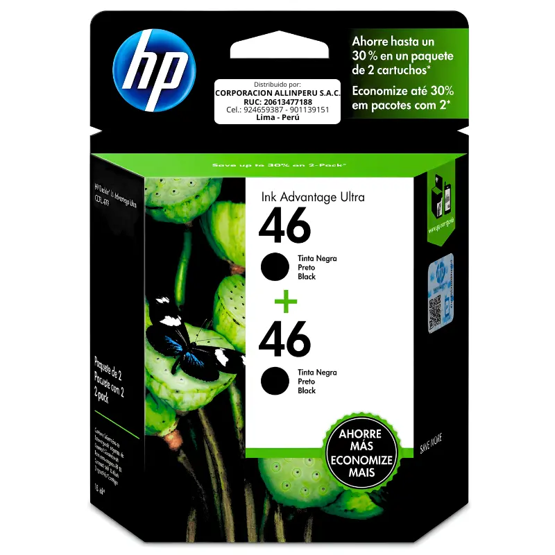 Foto de tinta HP 46 negro M0H61AL two pack empaque frontal