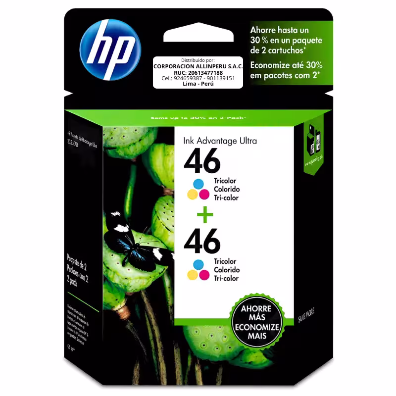 Foto de tinta HP 46 tricolor M0H59AL two pack empaque frontal