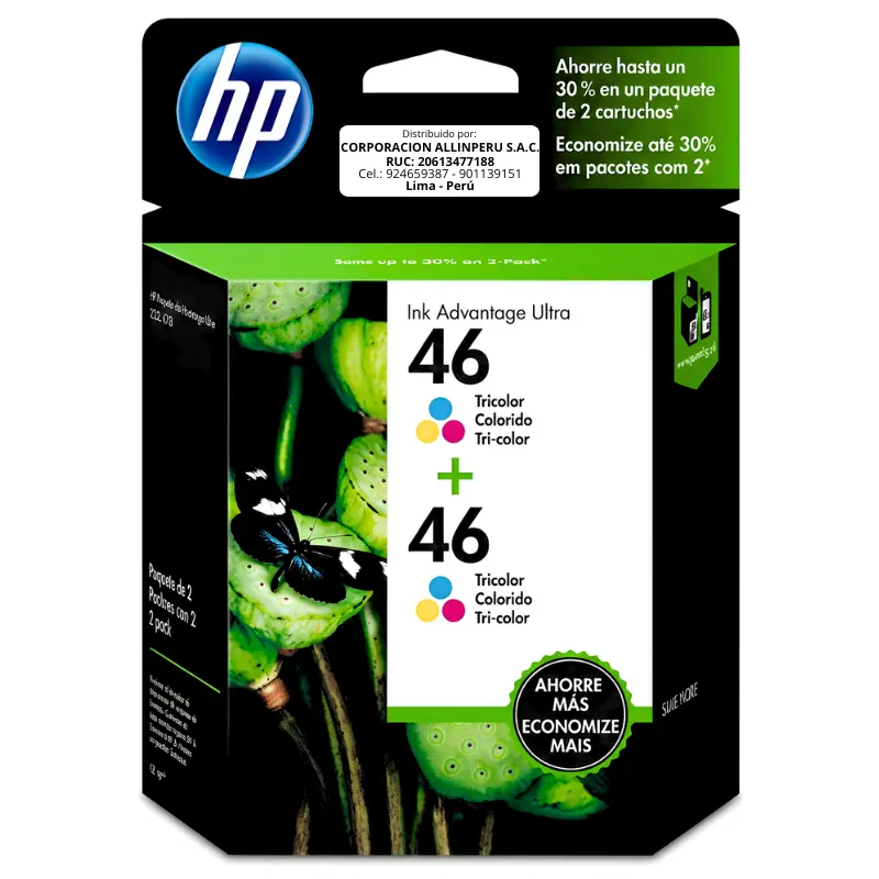 Foto de tinta HP 46 tricolor M0H59AL two pack empaque frontal