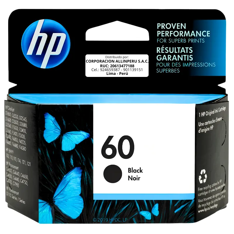 Tinta HP 60 negro CC640WL cartucho original frontal