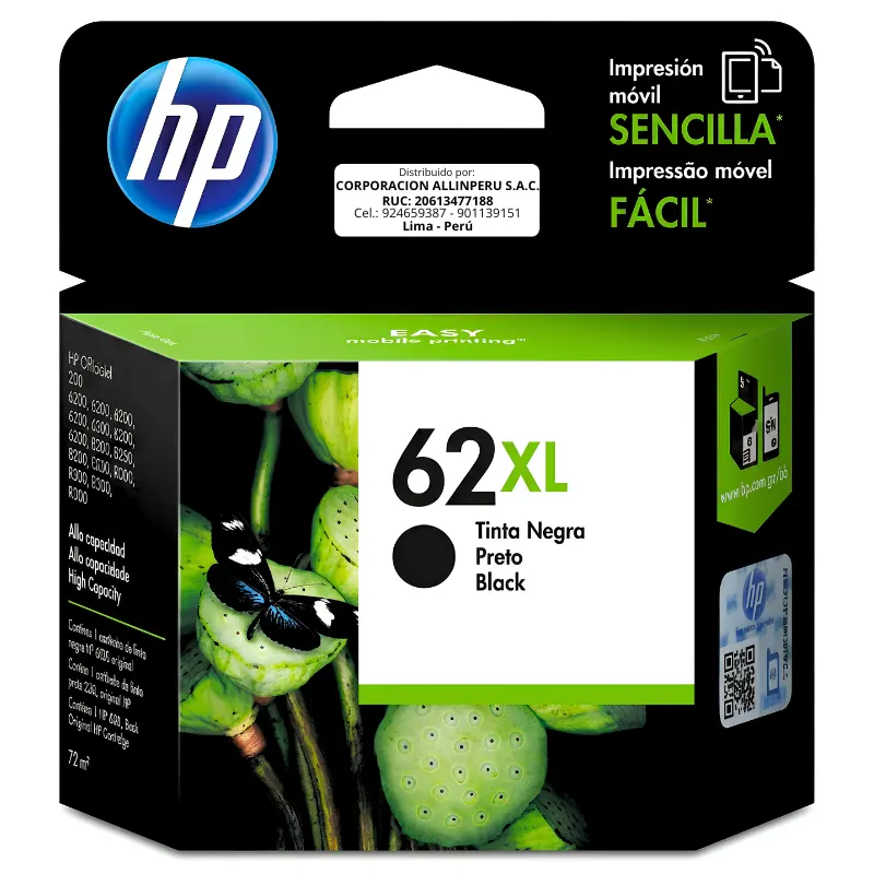 Tinta HP 62XL Negro C2P05AL — vista frontal Tinta HP 62XL Negro C2P05AL cartucho original vista frontal
