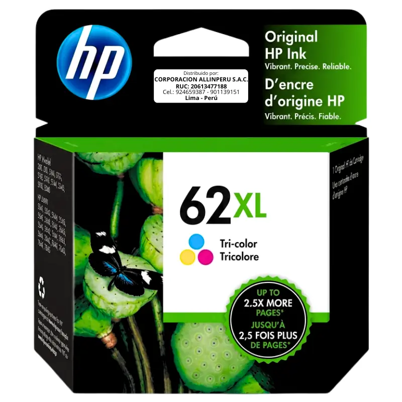 Tinta HP 62XL Tricolor C2P07AL — vista frontal Tinta HP 62XL Tricolor C2P07AL cartucho original vista frontal
